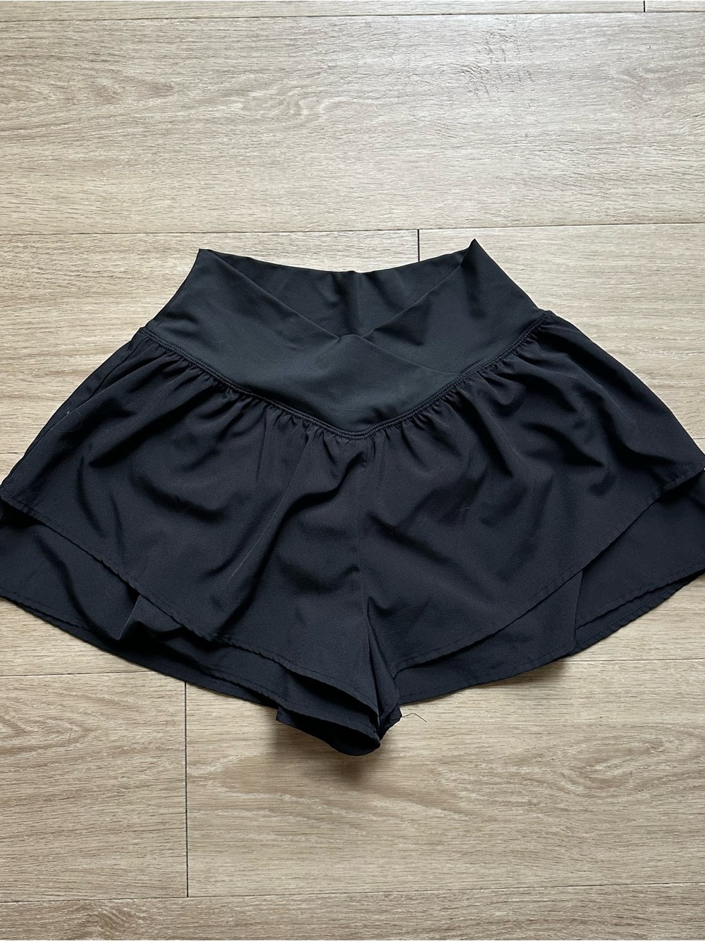 Black Layered Athletic Shorts with Cross-Front Waistband